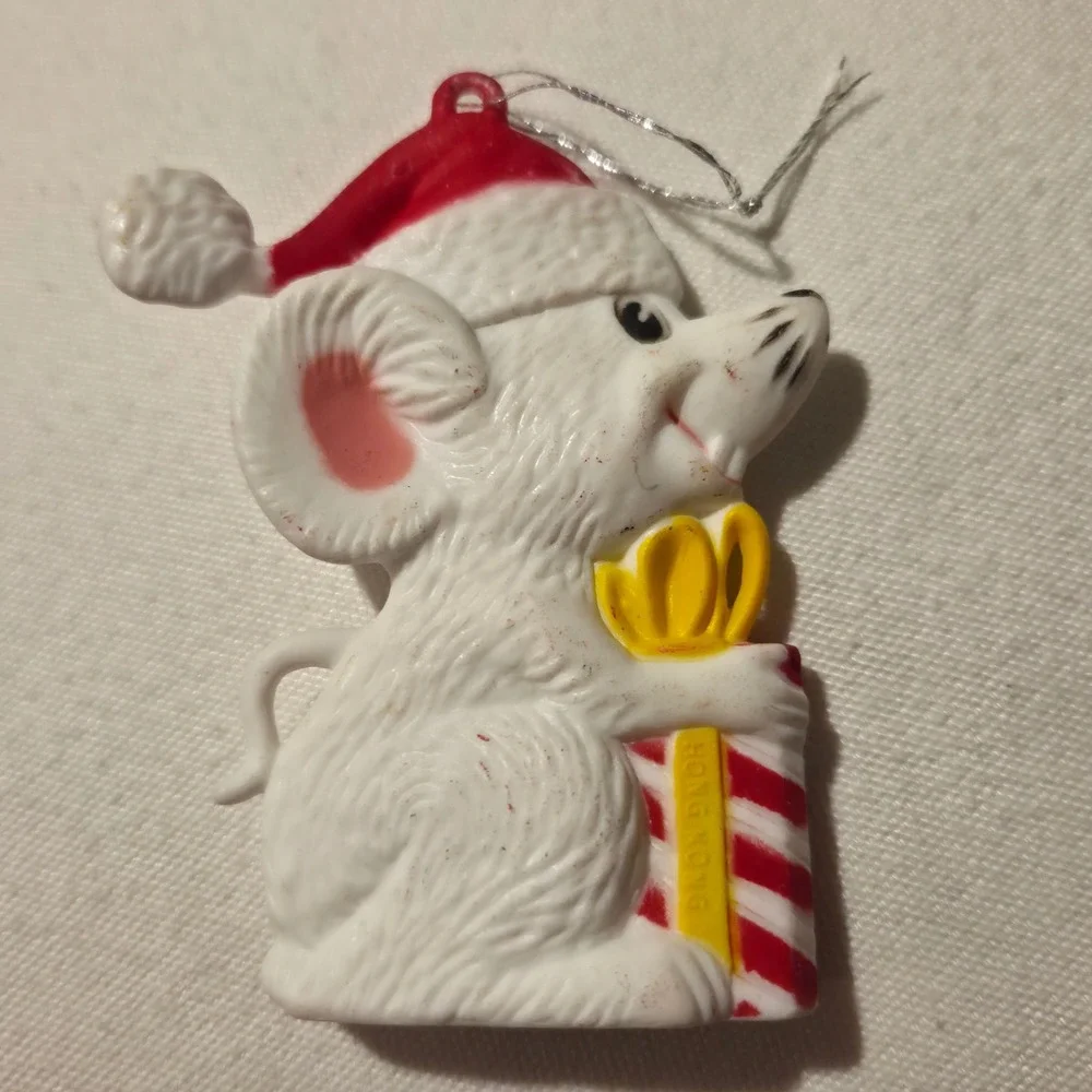 Vintage Christmas Mouse Ornaments Set of 3 Plastic White Mice Hong‎ Kong Retro